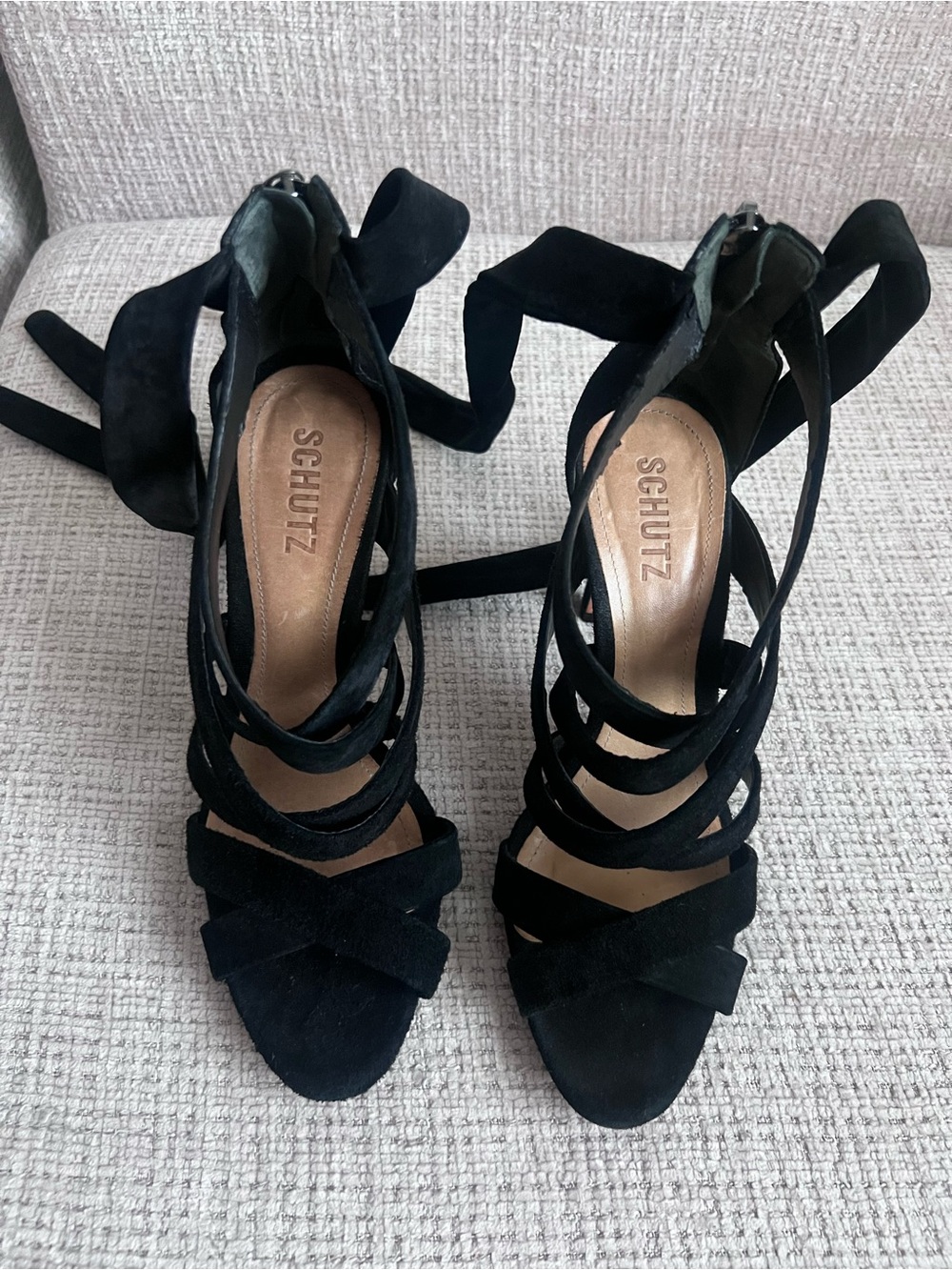 SCHUTZ Black Suede Strappy Lace-Up High Heel Sandals